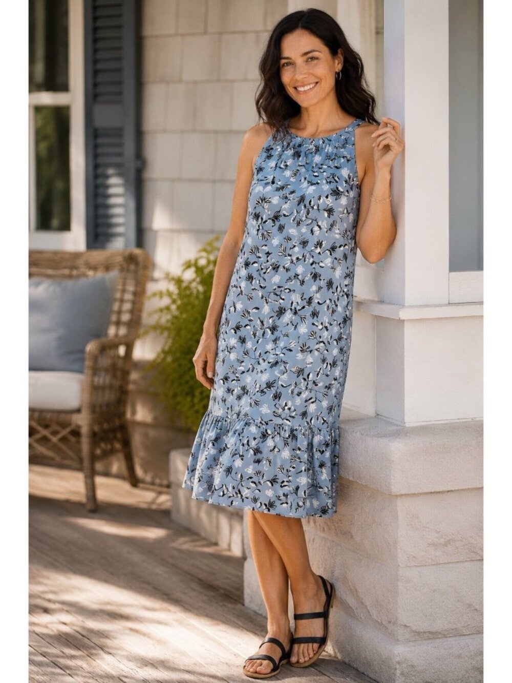 J Jill Wearever Collection Dress Sz Medium Breeze Blue Floral Flounce Hem Midi